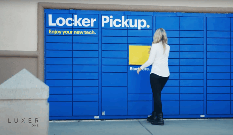 Customer picking up an online order from a Luxer One BOPIS retail locker