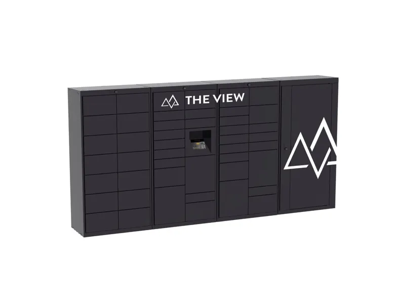 Luxer One indoor package lockers installed in an apartment lobby
