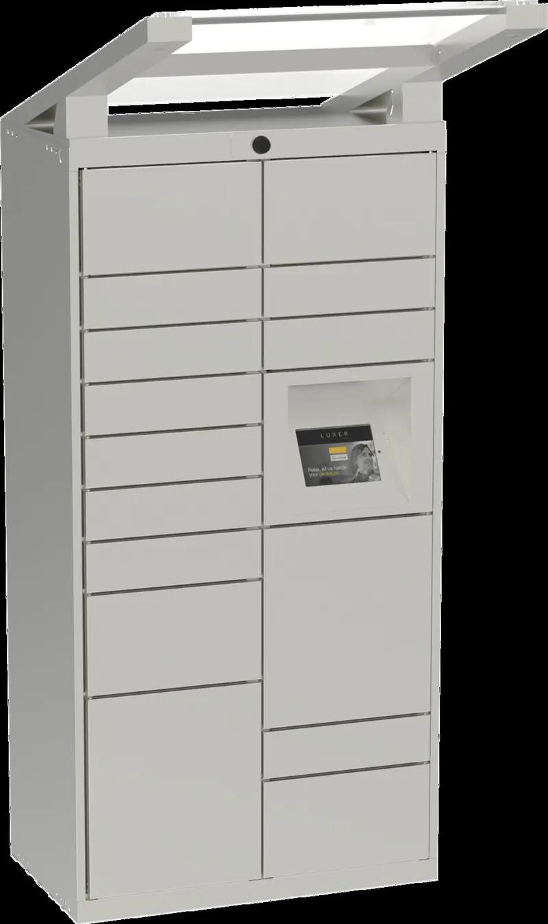 Luxer One outdoor package locker kiosk at a garden-style apartment community
